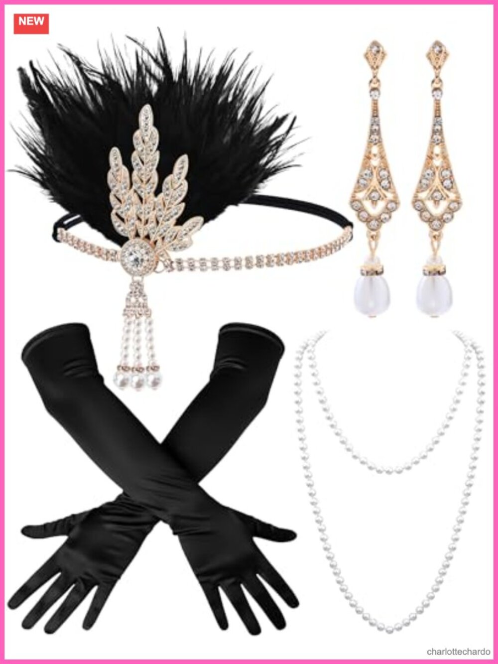 1920s Flapper Accessory Set Feather Headband Pearl Necklace Earrings Gloves